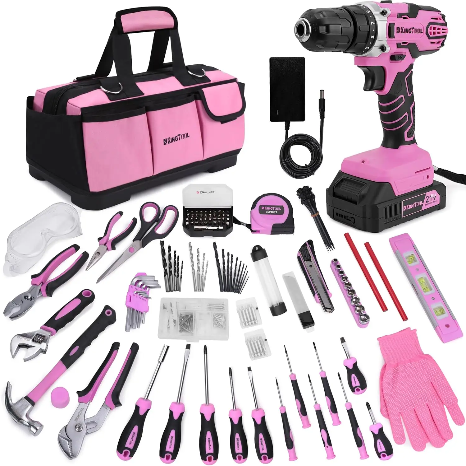 

267-Piece Tool Kit Set - Pink Tool Set with 21V Crodless Pink Power Drill Driver, Tool kit for Women with Pink Tool Storage Bag,