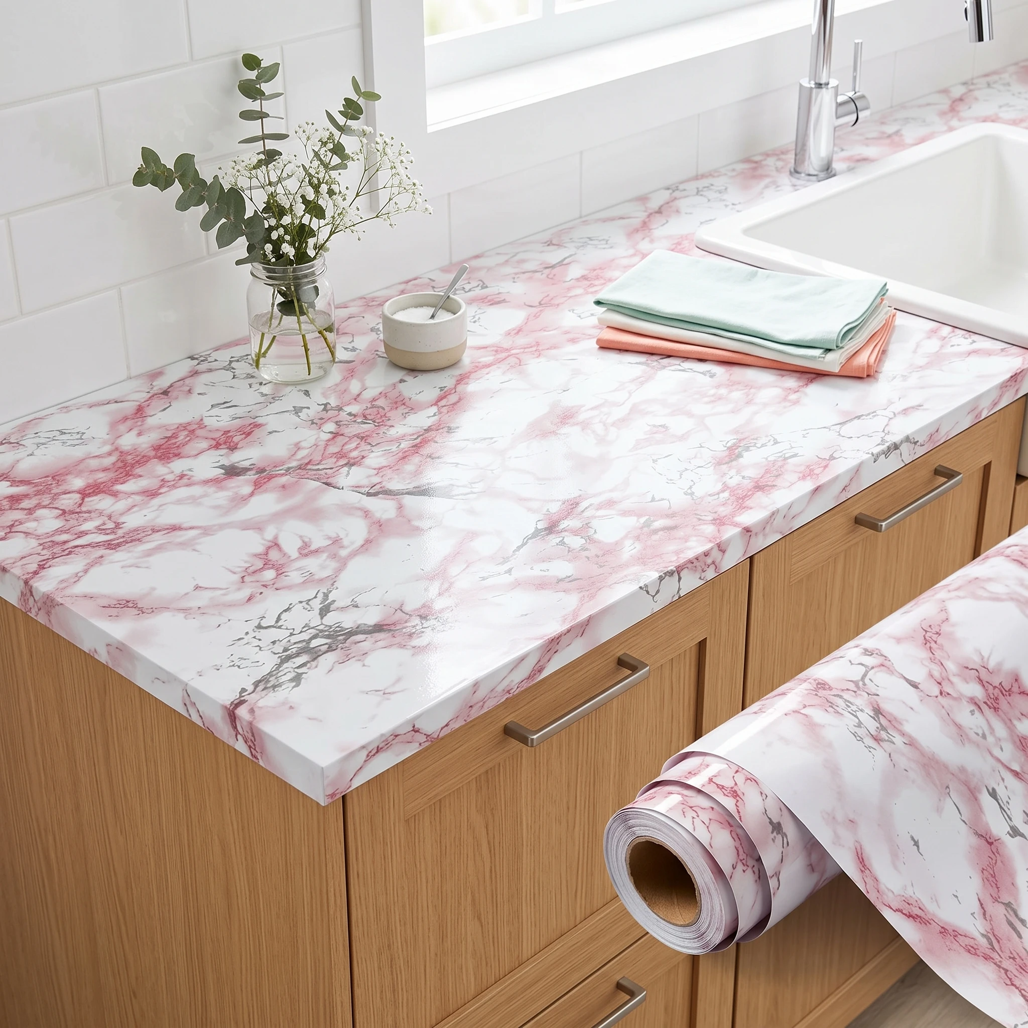 Glossy Pink Marble Contact Paper Self-Adhesive for Kitchen Countertop Waterproof Oil-ProofGranite Wallpaper Sticker Home Decor