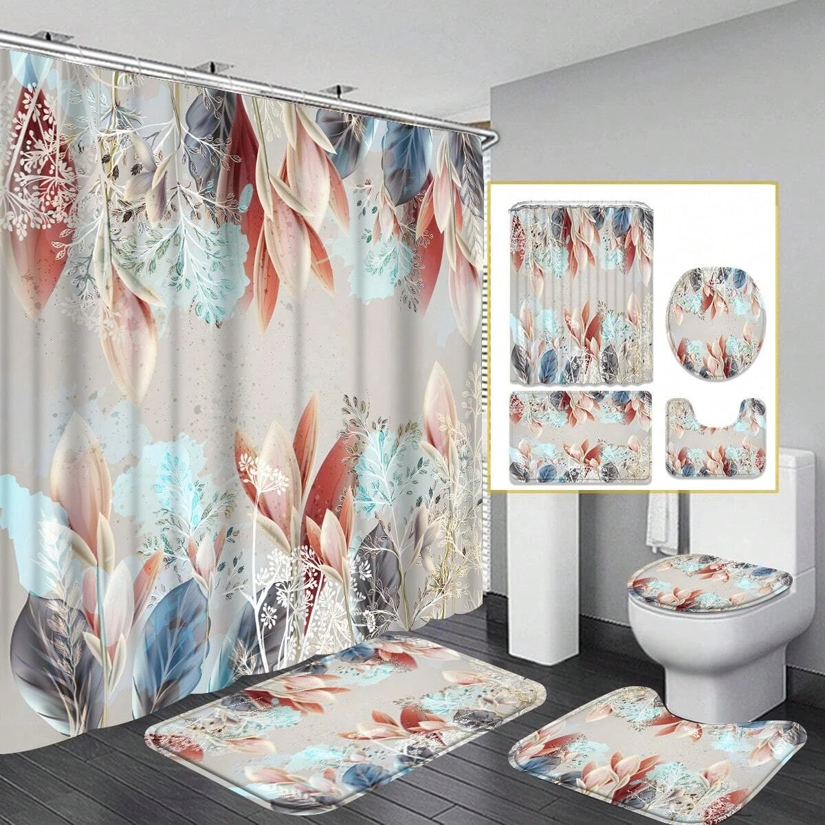 

4pcs Floral Botanical Pattern Waterproof Shower Curtain Set With 12 Hooks, Bath Mat,Elegant Floral Design For Bathroom Decor