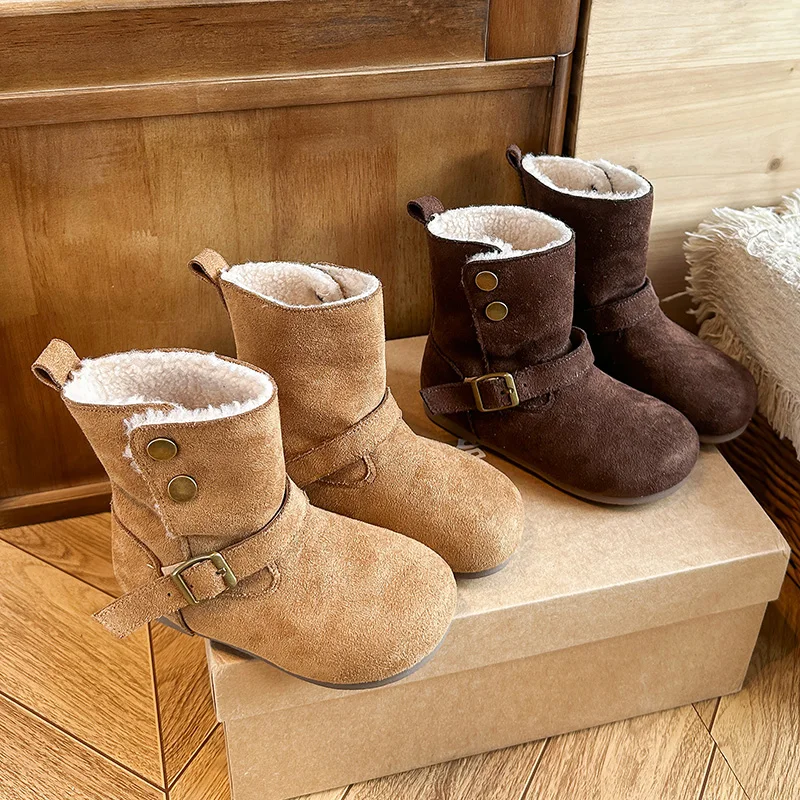 Toddler Kids Winter Boots Mid Calf Faux Suede Buckle Strap Warm Shoes Girls Plush Fleece Lined Non Slip Girls Boys Snow Boots