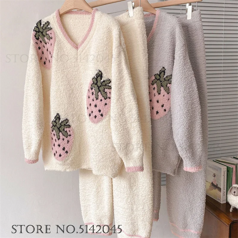 Autumn Winter Women\'s Pajamas Set Thicken Half Flannel 2Pcs Sleep Trouser Suits Loungewear Sweet Strawberry Fleece Home Clothing