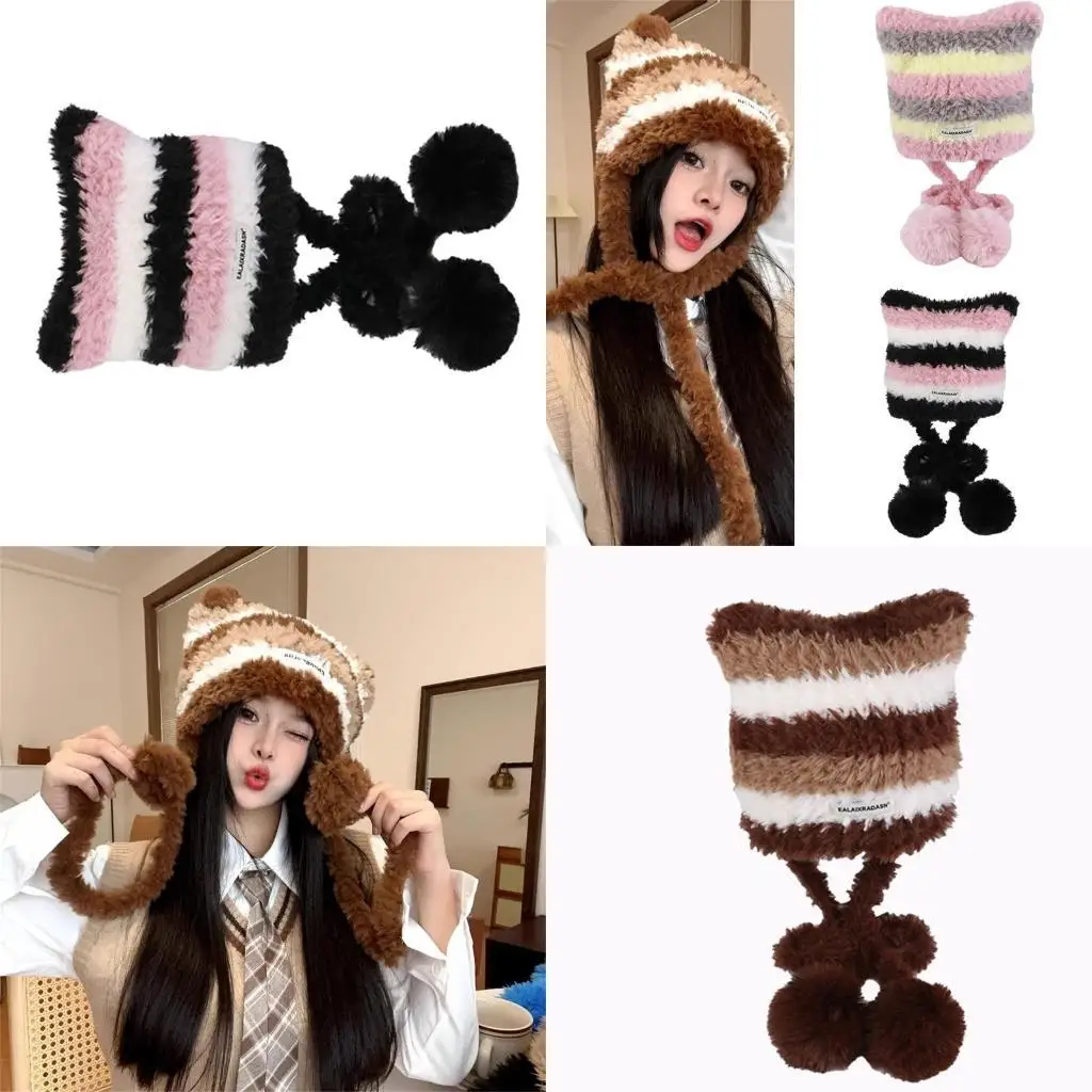 

652F Halloween Ear Hat Knit Y2K Beanie Hat Striped Party Holiday Winter Warm Hat Beanie Theme for Teens