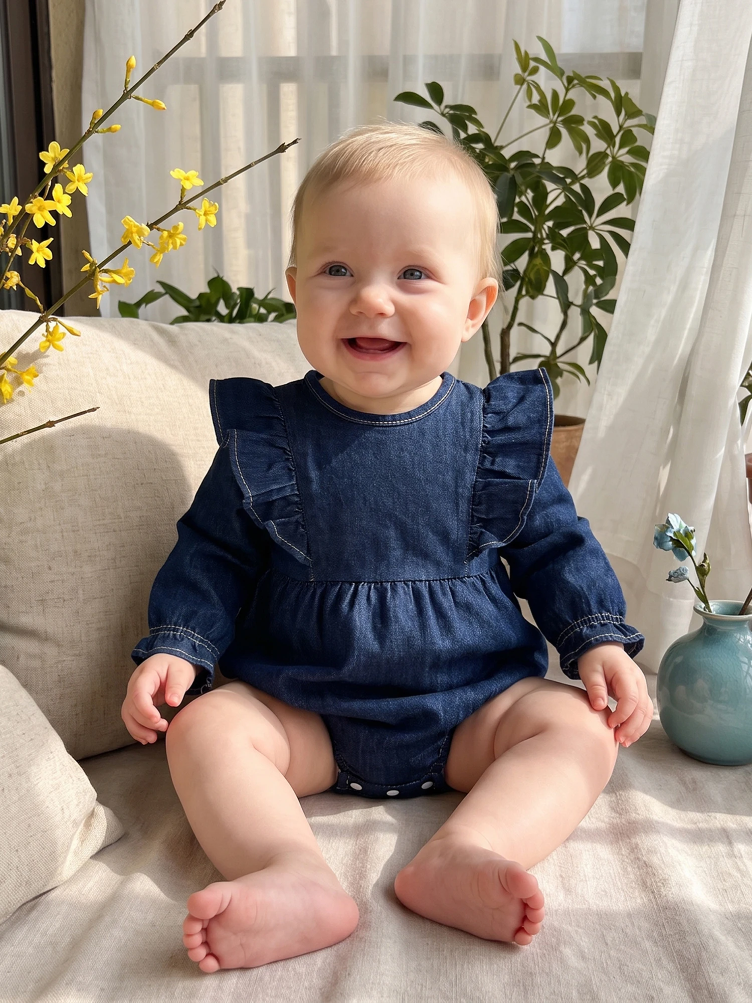 Fall Denim Neck Fall-Denim-Romper Crew Crew Neck Long Baby Ruffles Crew Neck Romper-Ruffles Baby Girl Fall