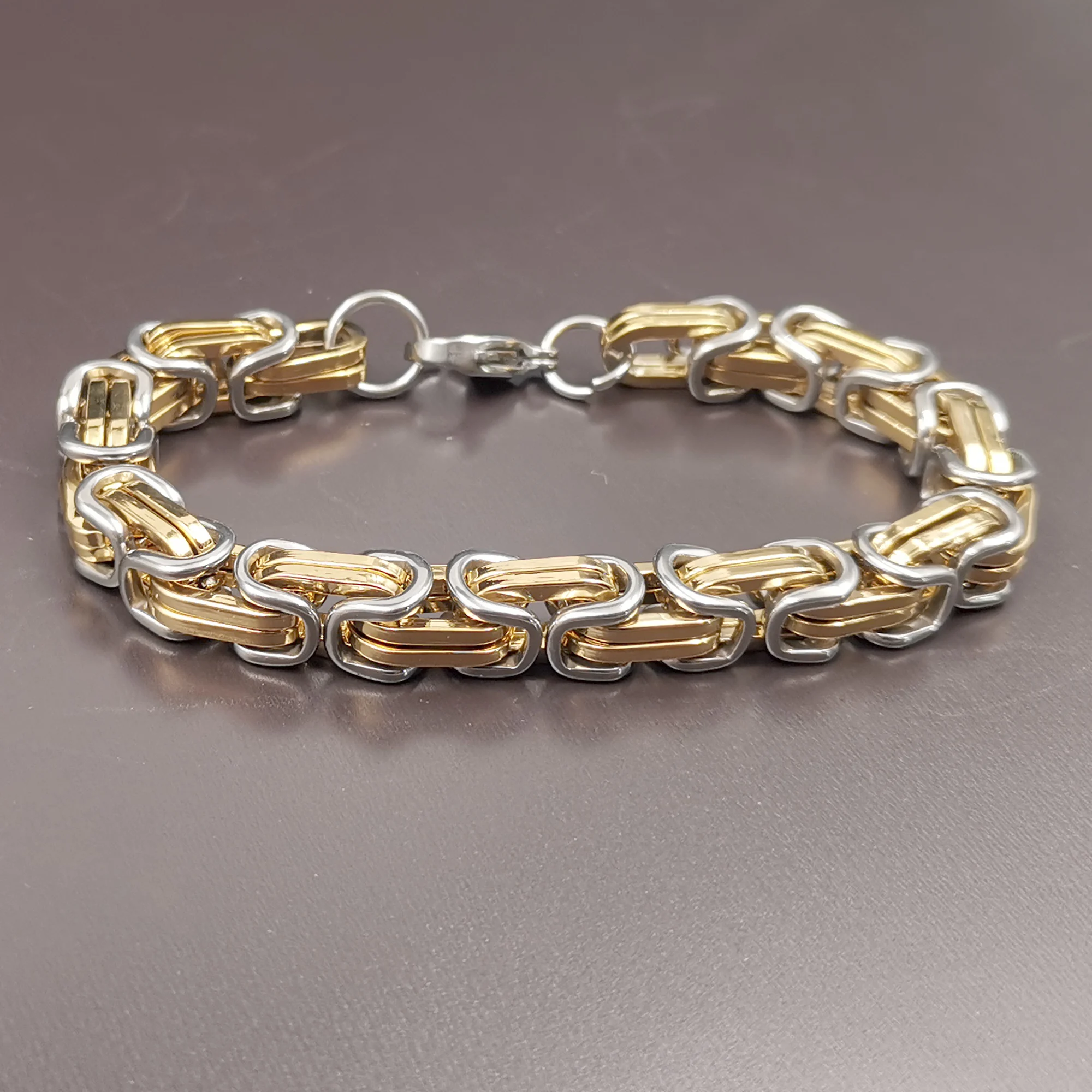 8mm 8.66inch Gold-Silver Huge Byzantine Chain Bracelet For Mens Stainless Steel Bangle Jewelry