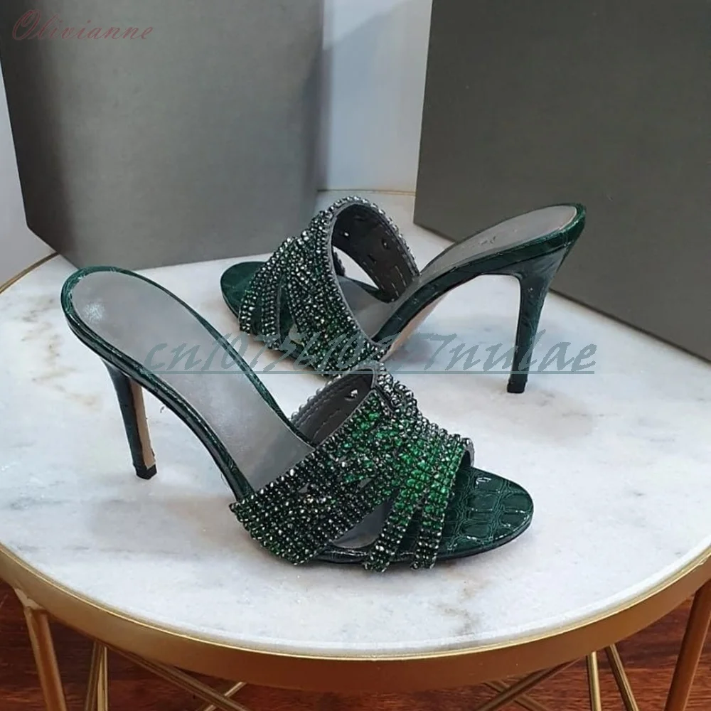 

Green Crystals Decor Belts Strap Slippers Open Toe Stiletto High Heel Sexy Fashion 2025 Summer Women Shoes Zapatos Para Mujere