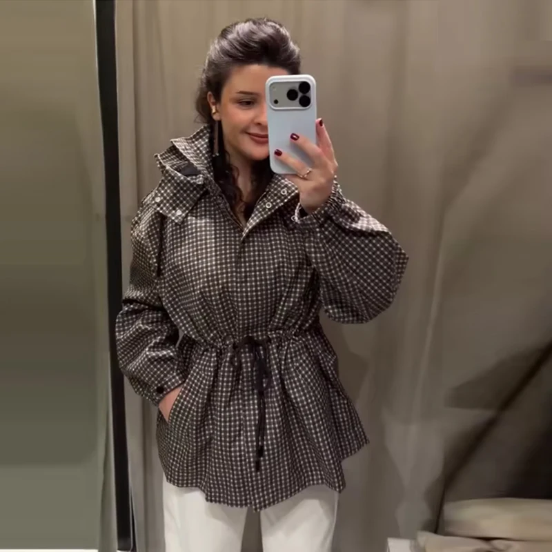 Women's Autumn New Jackets 2026 Fashion Plaid Elegant Women's Loose Hooded Warm Jackets Women's Chic Street Youth Student Coats