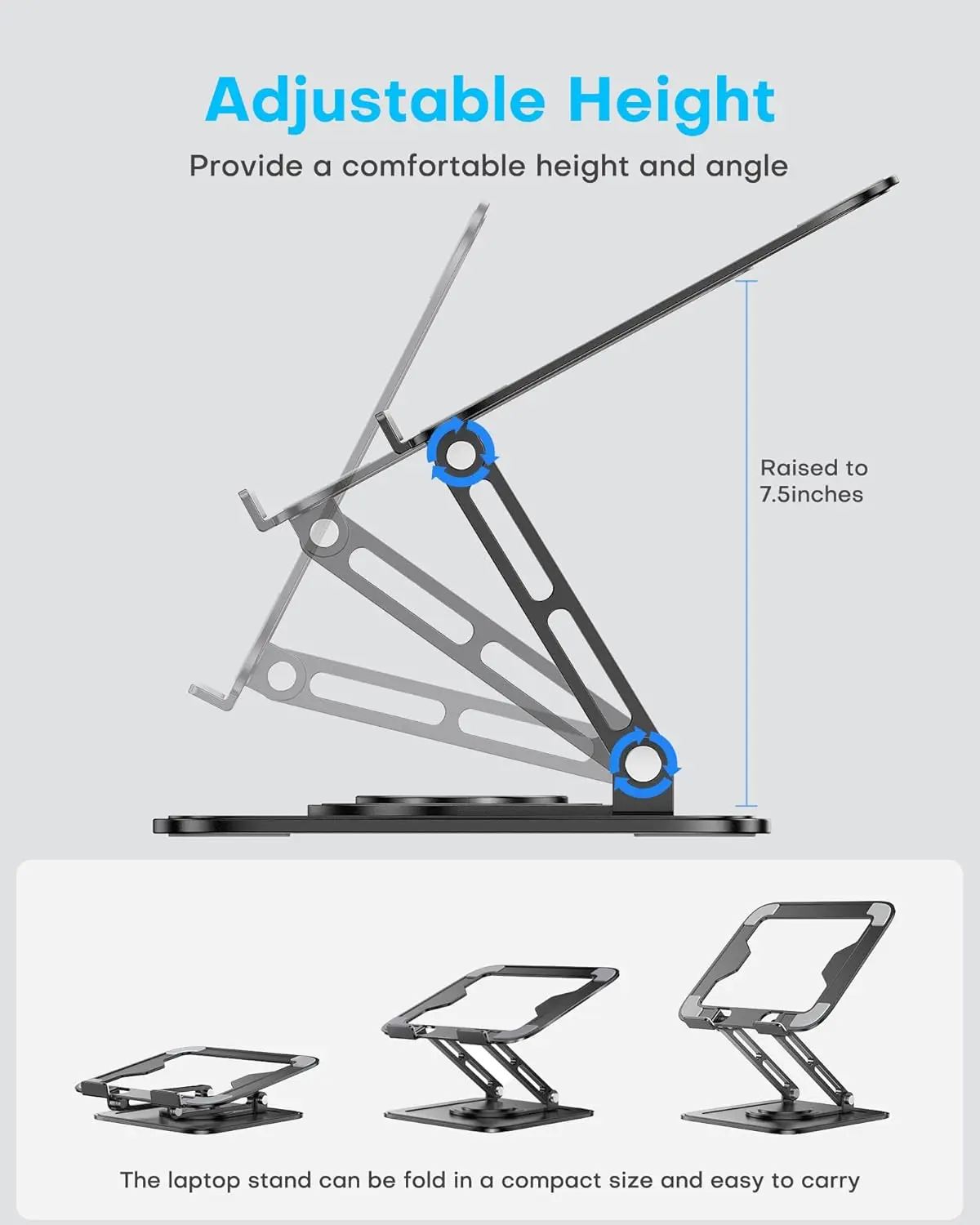 حامل كمبيوتر محمول قابل للتعديل مع 360 درجة °   قاعدة دوارة، مريحة، قابلة للطي، محمولة، تناسب أجهزة الكمبيوتر المحمول مقاس 10-16 بوصة