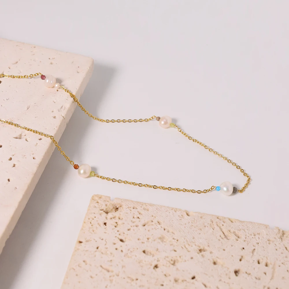 สร้อยคอไข่มุกธรรมชาติสแตนเลสชุบทอง18K สำหรับผู้หญิงสไตล์วินเทจเครื่องประดับสแตนเลส TN0013ของขวัญมาดาม