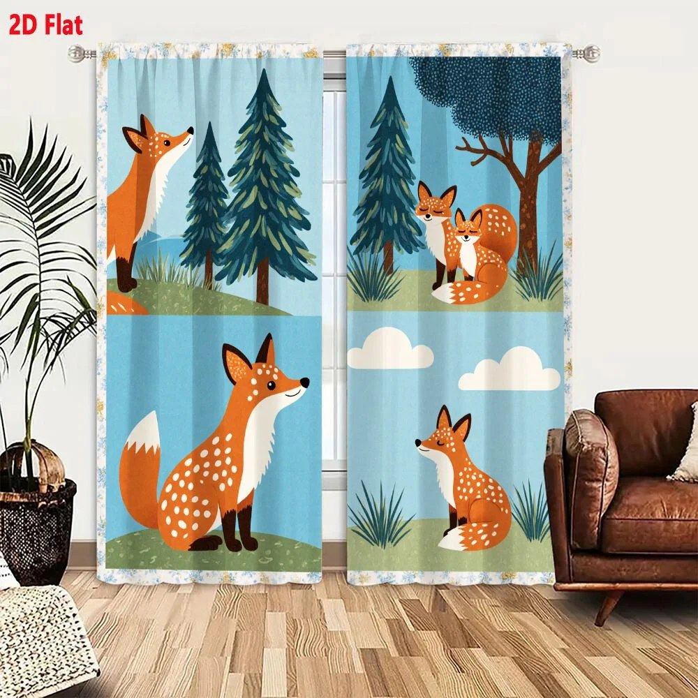 2Pcs Curtains 2D Flat Cute Red Foxes In Four Panels Cartoon Illustration With Floral Snowflake Border Nature Whimsical Scene For