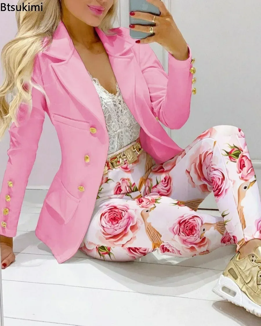 New 2023 Printted Two Pieces Sets for Women Slim Formal Office Pant Suits Elegant Jacket and Pants Sets Women Tracksuits 2PCS