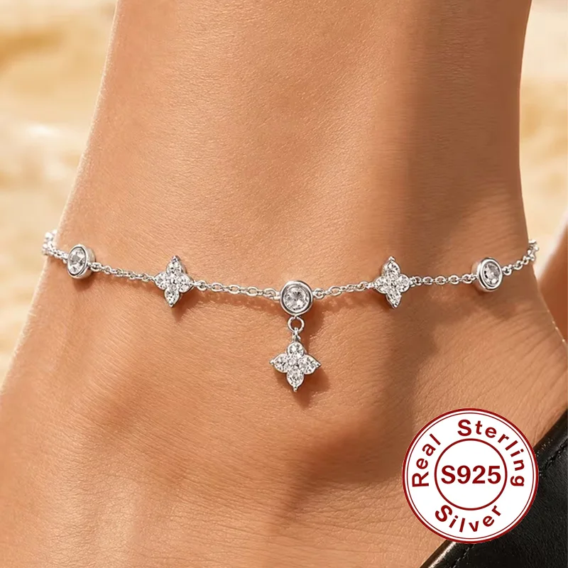 Chaîne de cheville en argent sterling 925 pour femme, pendentif trèfle porte-bonheur délicat, étanche, bijou de plage quotidien, cadeau