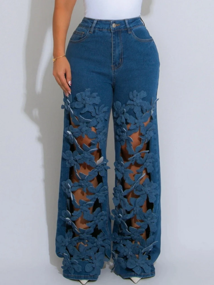 Women High Waist Wide Leg Pants Hole Straight Pants Long Jeans Casual Trendy Trousers 2025 Autumn Winter New Denim Trousers