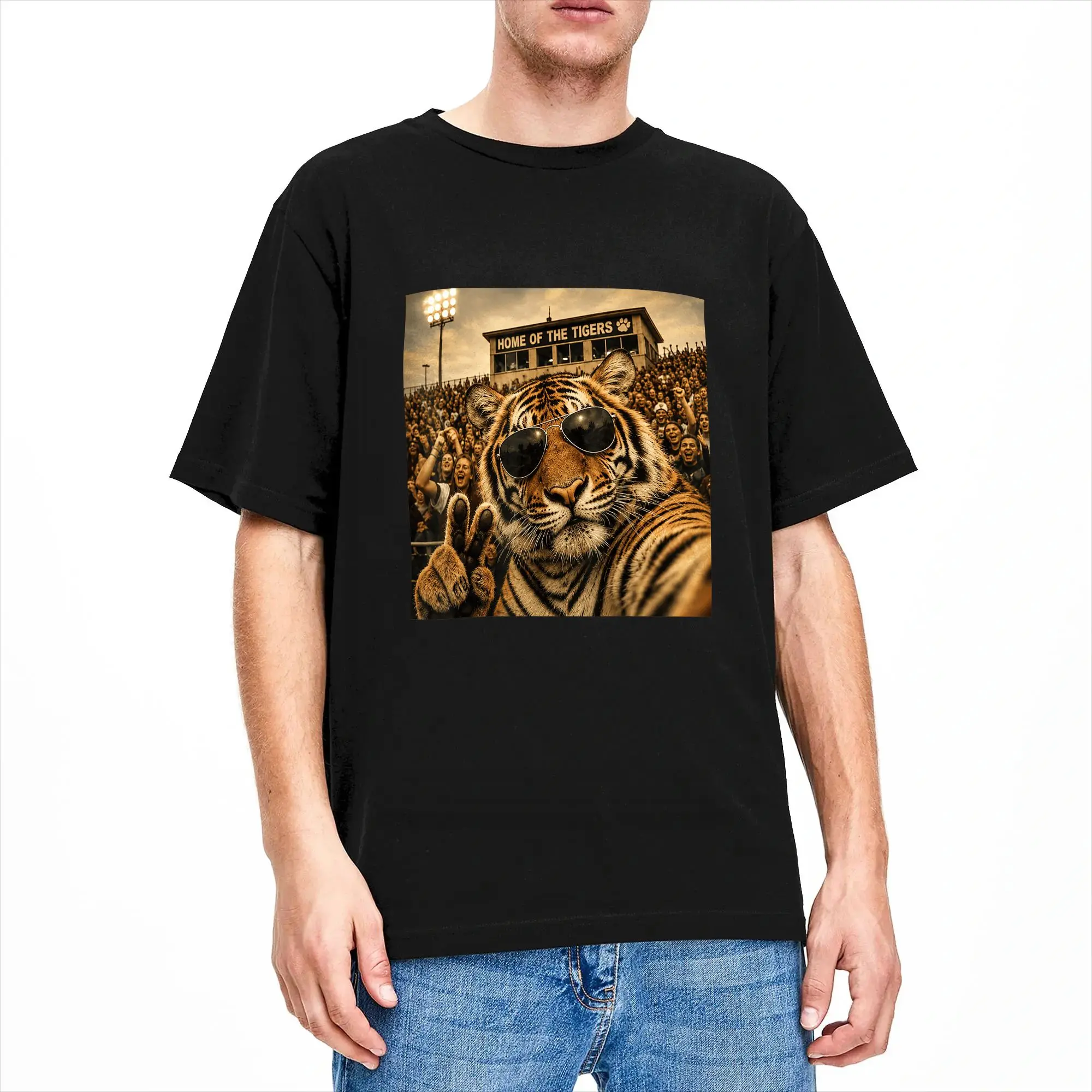 Men's T-Shirts Funny Tiger Student Funny Selfie Vintage Vintage 100%Cotton Tee Shirt Short Sleeve T Shirts Round Collar Clothing