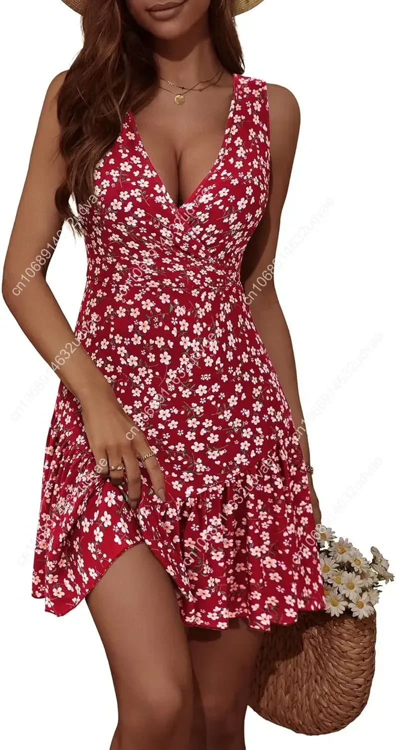 

Summer Sleeveless Women's Sexy Wrap V Neck Floral Sundress Mini Dress