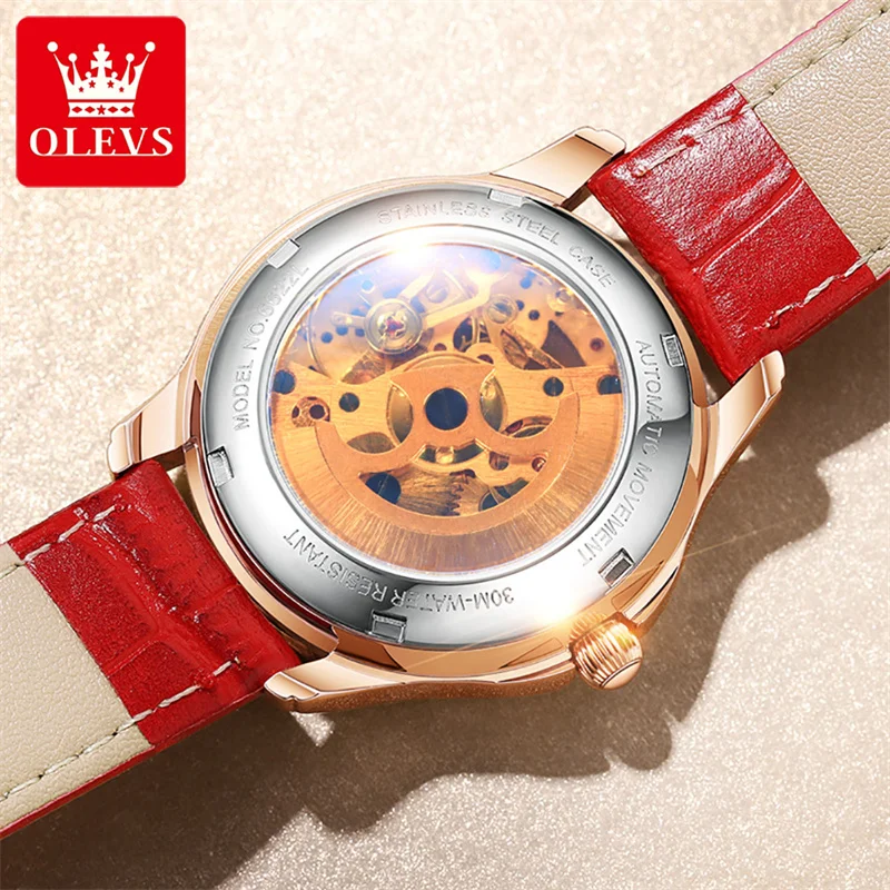 OLEVS-reloj mecánico automático para mujer, pulsera resistente al agua con esfera de mariposa, marca superior de lujo, de cuero, a la moda