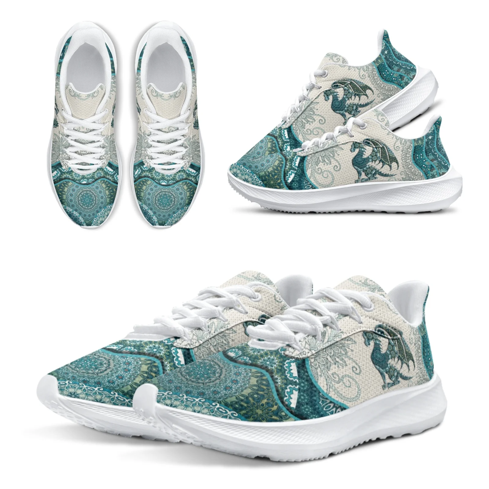 INSTANTARTS Brand Running Shoes For Women Boho Dragon Print Anti-slip And Wear-resistant Sneakers White Casual Walking Shoes