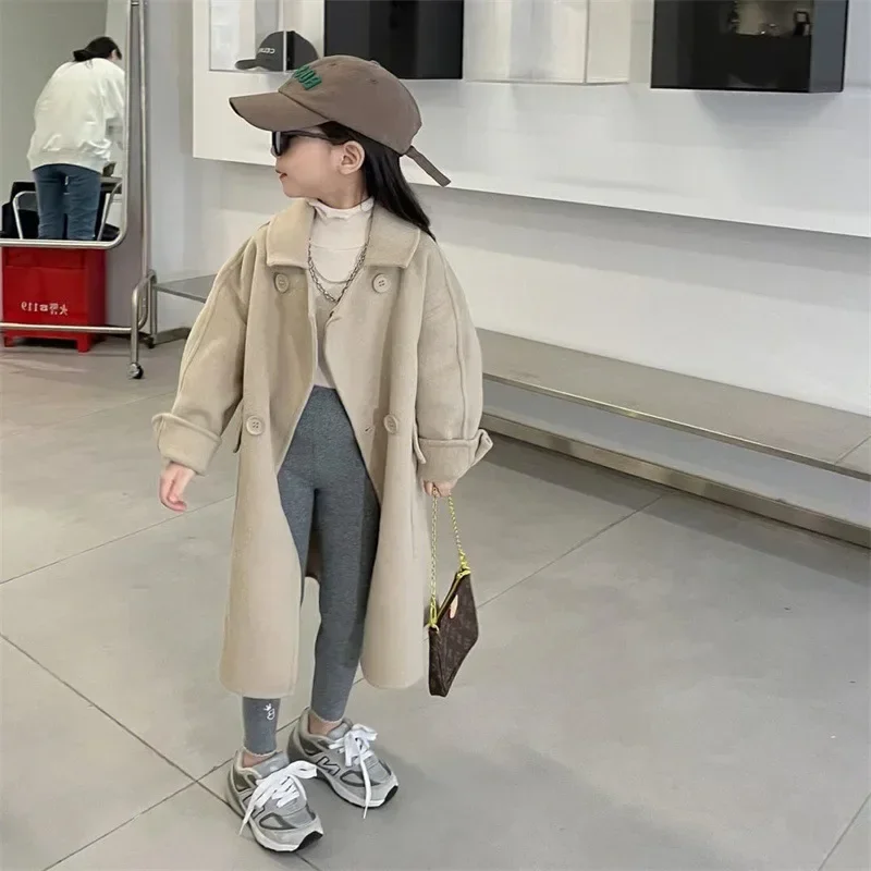 Woolen Coat Korean Girls Casual Windbreaker Autumn Winter New Baby Loose Khaki Color Overcoat Outerwear Childrens Clothing