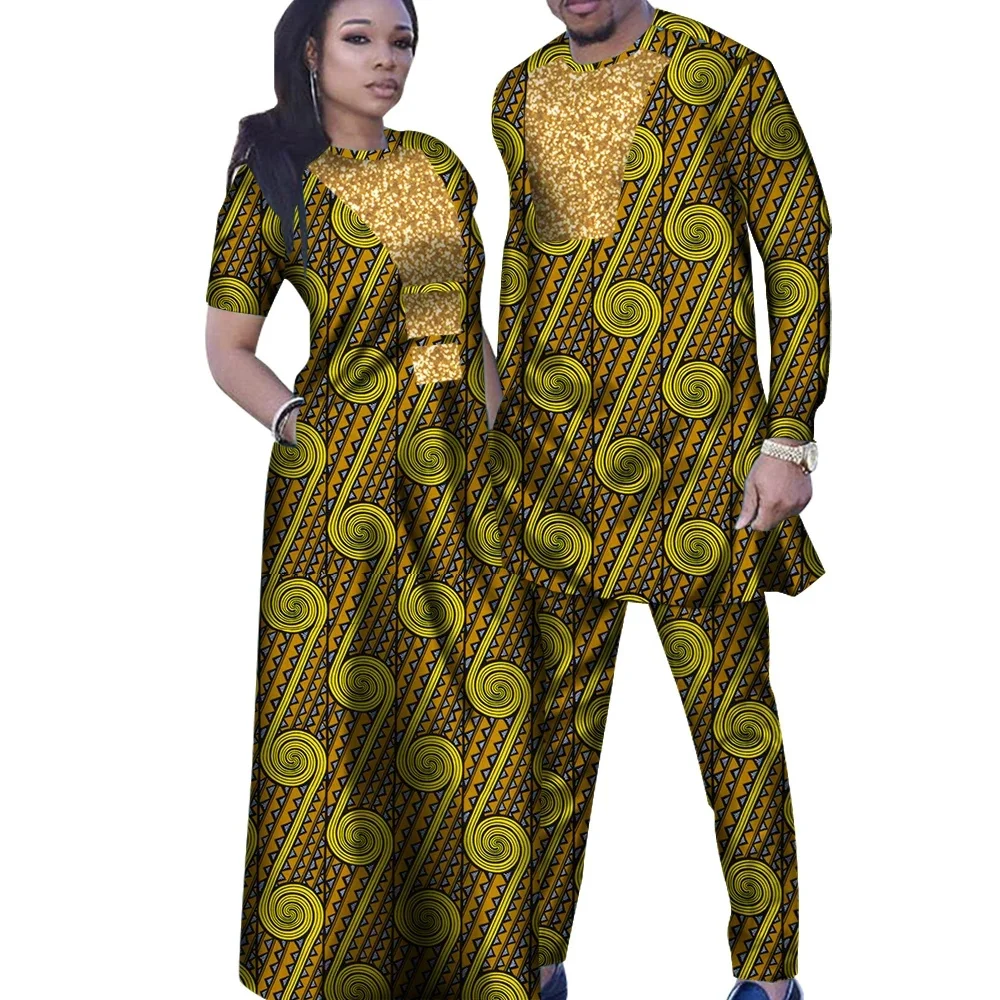 Sale! Women Print Dresses Dashiki African Outfits Couple Matching Clothes for Wedding Bazin Men Suits Jacket and Pant Sets