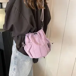 Korean Style Drawstring Bucket Bag Solid Color Wrinkle Nylon Crossbody Bag Large Capacity Adjustable Shoulder Strap Shoulder Bag