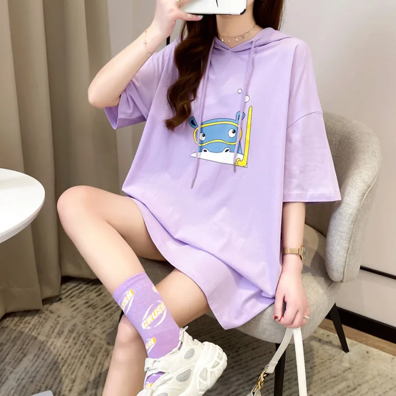 #0603 Black White Purple Hooded T Shirt Women Cotton Cartoon Printed T Shirt Short Sleeves Loose Long Streetwear T-shirt Summer