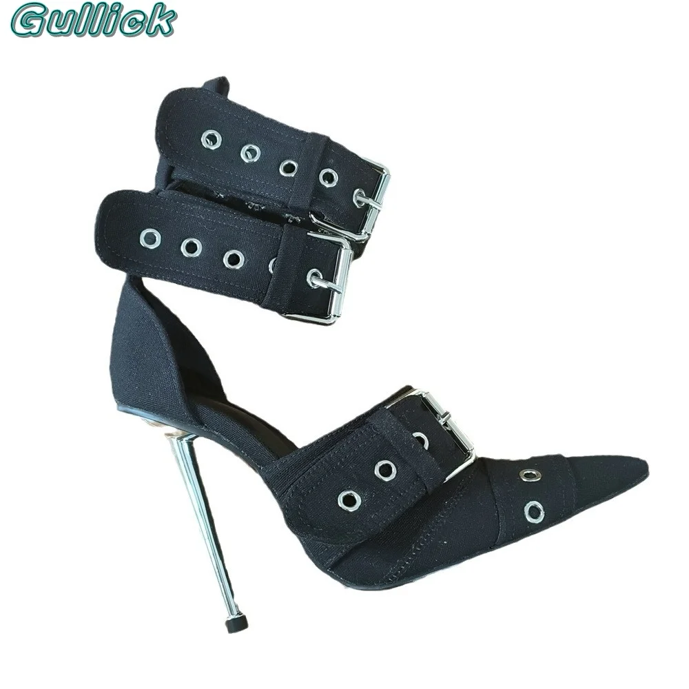 Gullick Solid Silver Mirrored Sandals Pointed Toe Mental Rivet Stiletto High Heels Sexy Buckle Strap Summer Punk Shoes