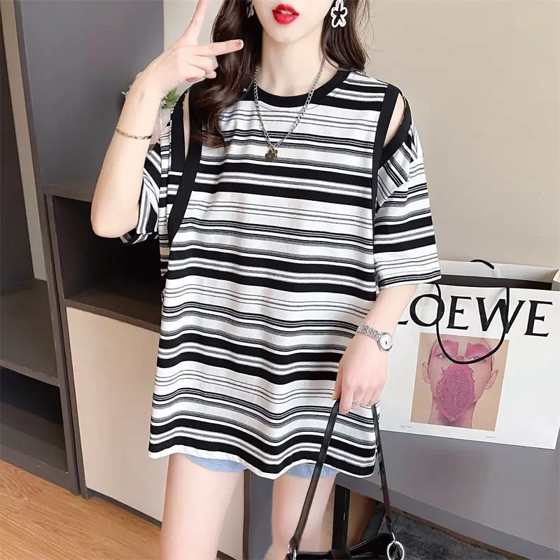 Women\'s Clothing Summer New Korean Commute Loose Midi Striped Crew Neck Spliced Hollow Out All-match Short Sleeve T-shirts Tops