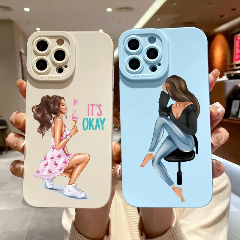 Cute Cartoon Hand Drawn Beautiful Girl Phone Case for iphone 13 11 12 Pro Max 14 Plus Pro Max X XR XS 7 8 Plus SE2020 Soft Cover