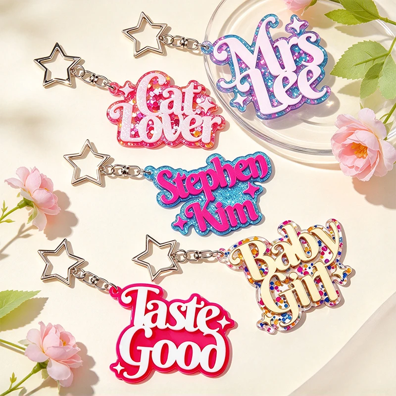 Shiny Glitter Acrylic Plate Custom Name Star Keychain Double Layers 3D Nameplate Personalized Keyring Bag Tag Car Key Ring Gift