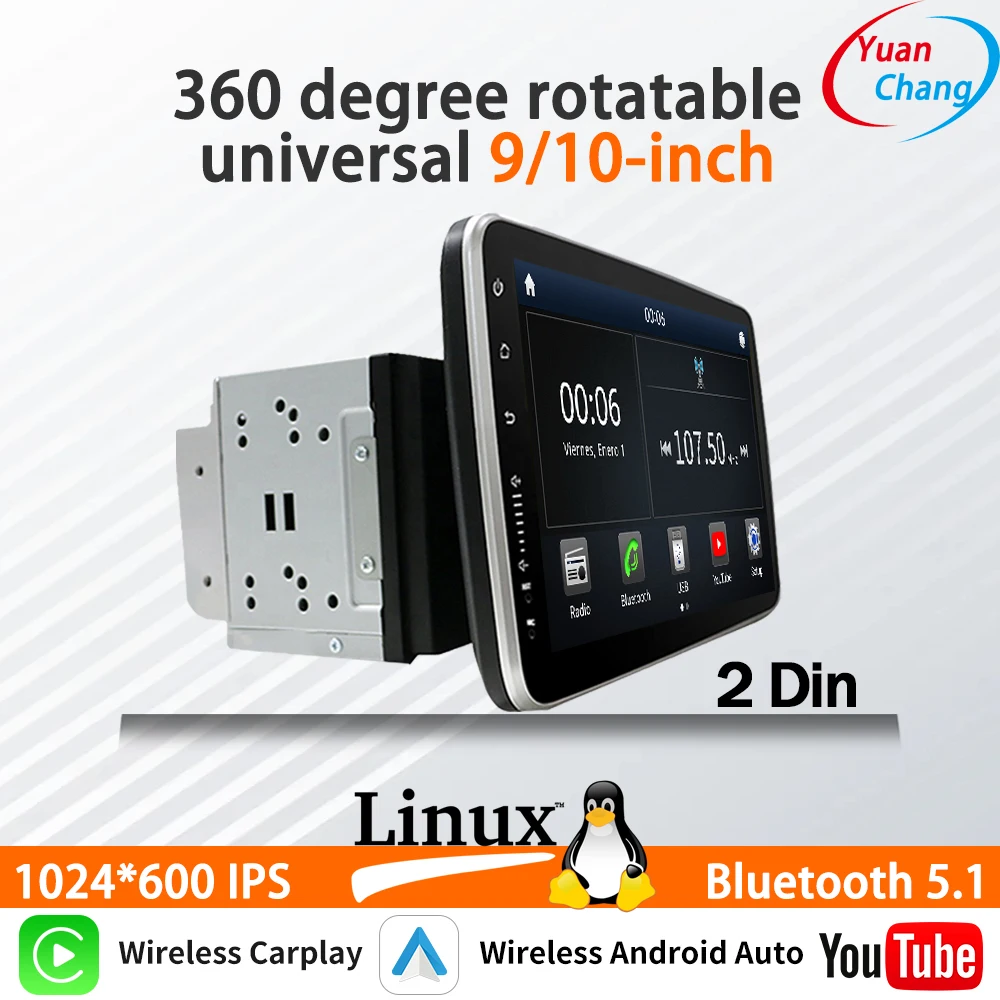 

Linux system For universal 9/10-inch 360 degree rotatable 2din car Multimedia player wireless CarPlay Auto Bluetooth YouTube USB