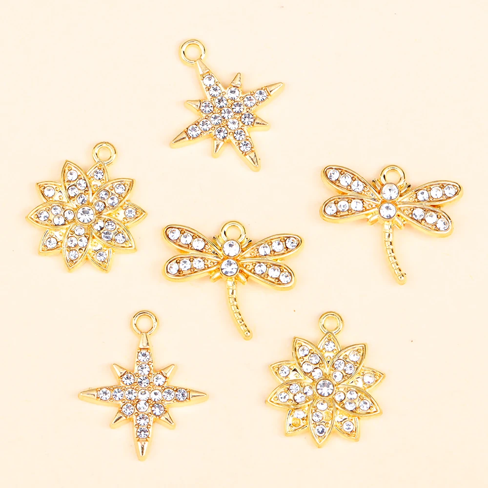 Vergoldete glänzende Zirkon Blume Stern Libelle Anhänger hochwertige Mode Charme DIY Schmuck Herstellung Ohrringe Halskette Accesso