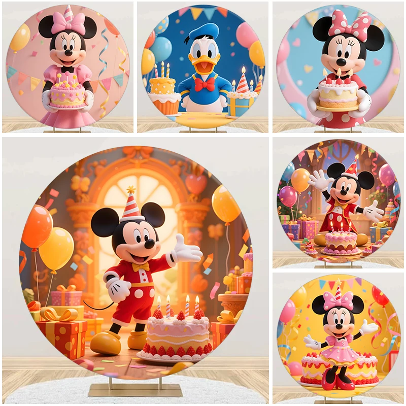 

Happy Birthday Mickey Minnie Donald Duck Circular Backdrop Covers BannerKids Birthday Theme Party Background Balloon Decoration