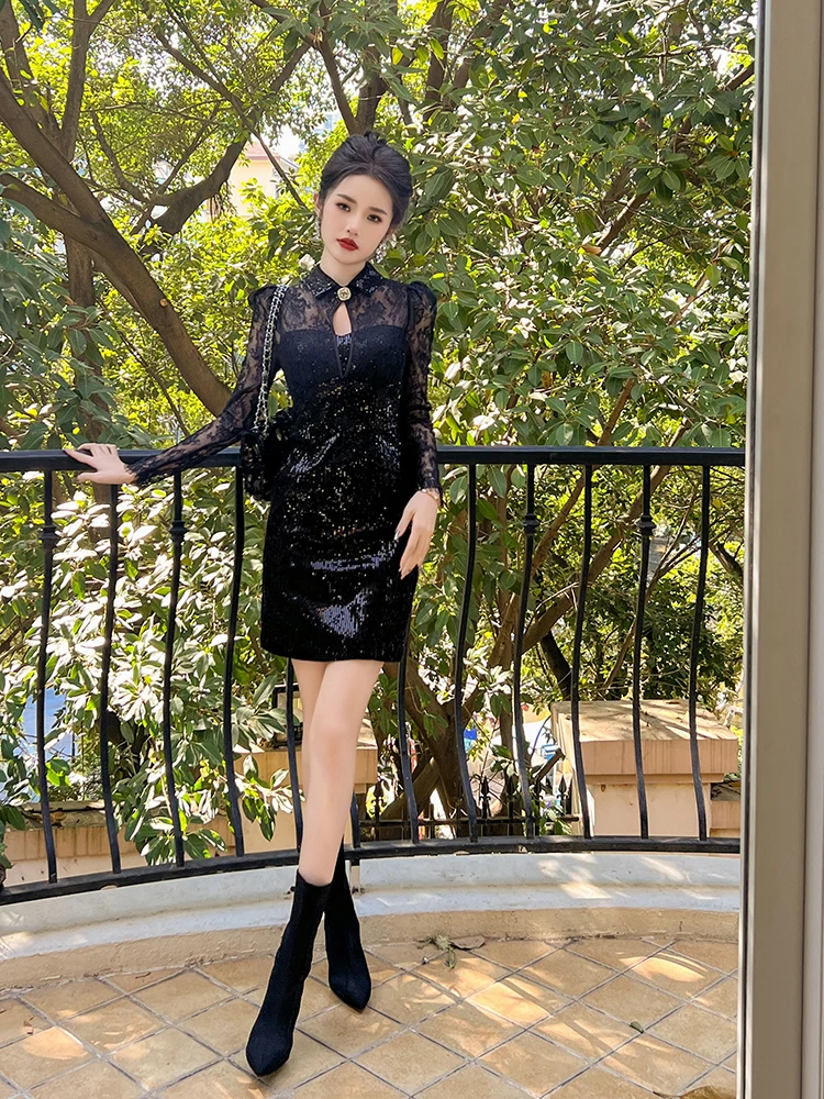 

Hebe Sle Ele Bla Dr Orange Peony Retro Slimming Sequin Lace Modified Dr for Cany Annual Dinner