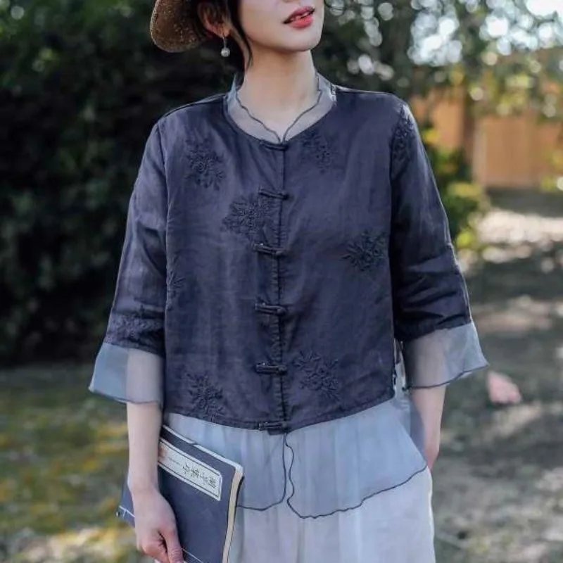 2024 Women's Summer Pullover Round Neck Retro Embroidered Cotton and Hemp Spliced Button Fashion Solid Color Chinese Style Shirt