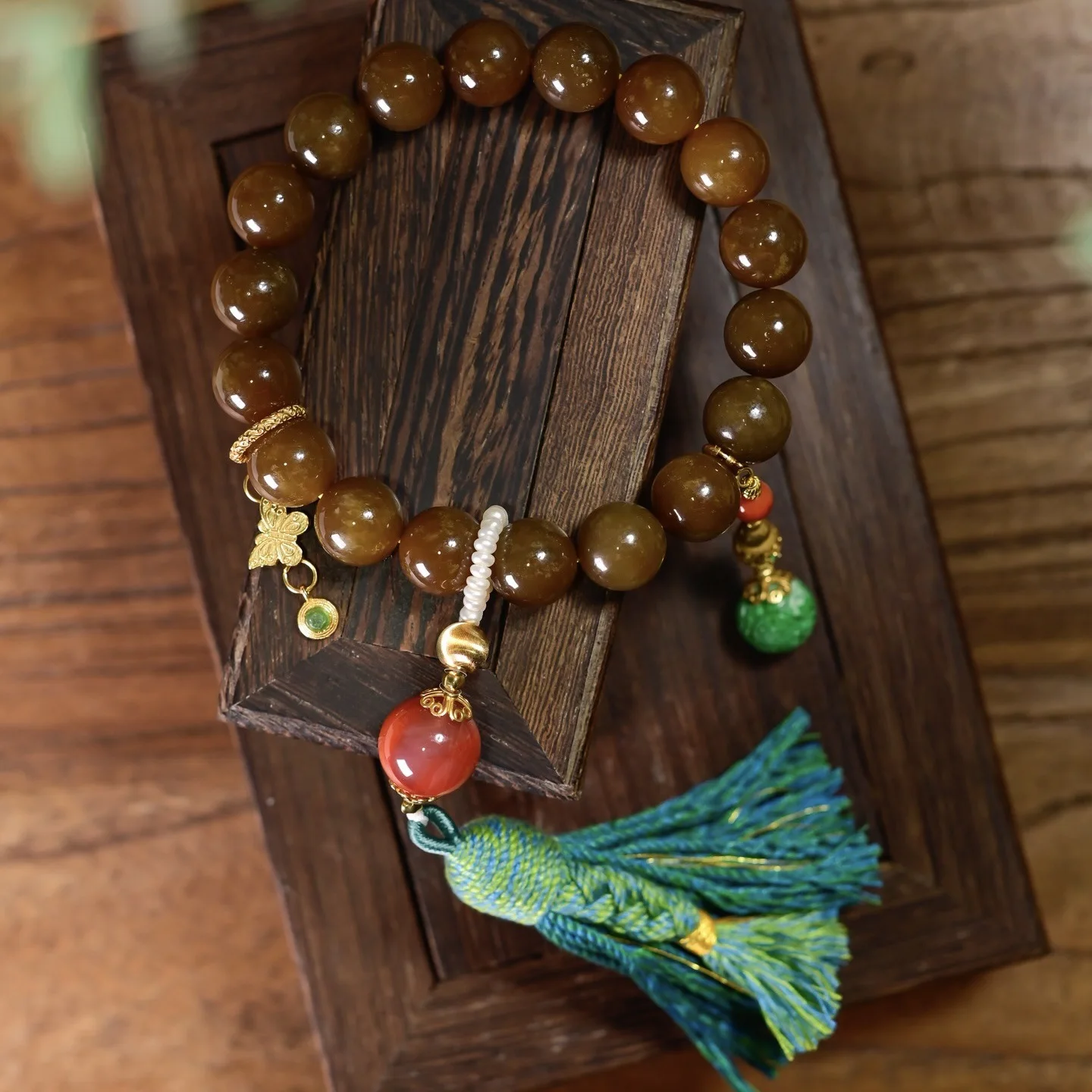 Chinese Style Sugar‑Color Hetian Jade 18‑Bead Bracelet,Carved Spicy Green Jade,South Red Agate Tassel,S925 Silver Vintage Gift