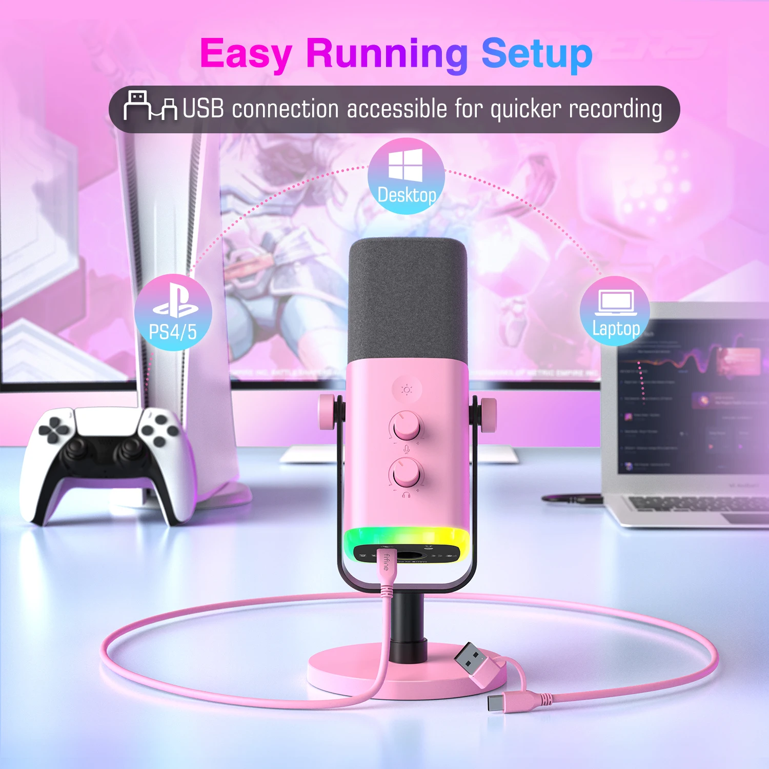 FIFINE USB/XLR Dynamic Microphone with RGB Control/Headphone Jack/Mute,MIC for PC Gaming YouTube Live-Streaming AmpliGame-AM8P