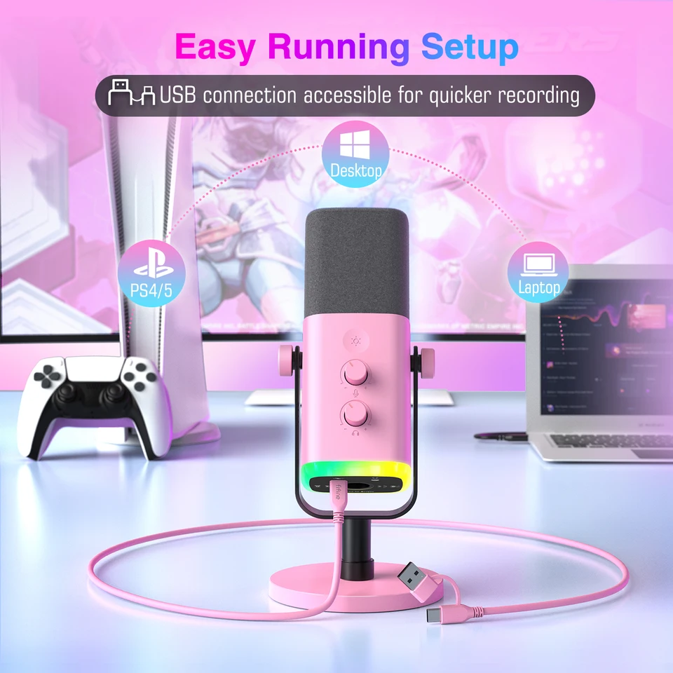 FIFINE USB/XLR Dynamic Microphone with RGB Control/Headphone Jack