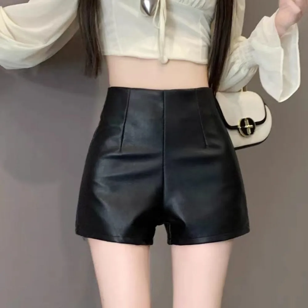 Black PU Leather Shorts, Invisible Open Crotch, High Waisted, Slim, Casual, Straight Leg Pants, Outdoor Sex