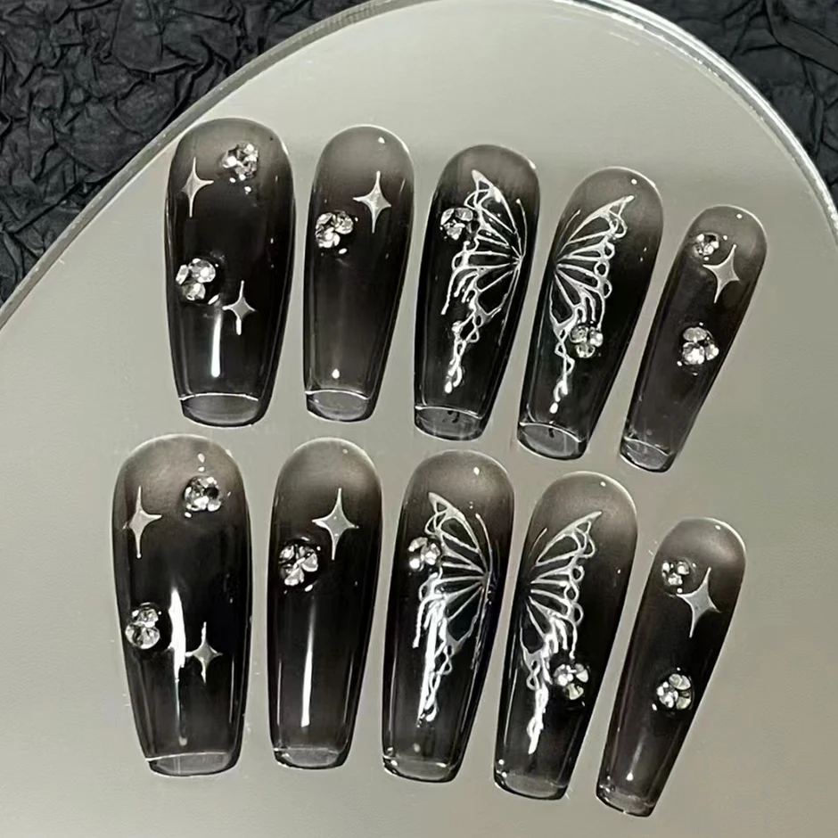 Laser Butterfly Silver Black Nail Art Sticker Hollow Y2K Nails Design Bronzing Star Moon Charms Adhesive Slider Manicure Decals