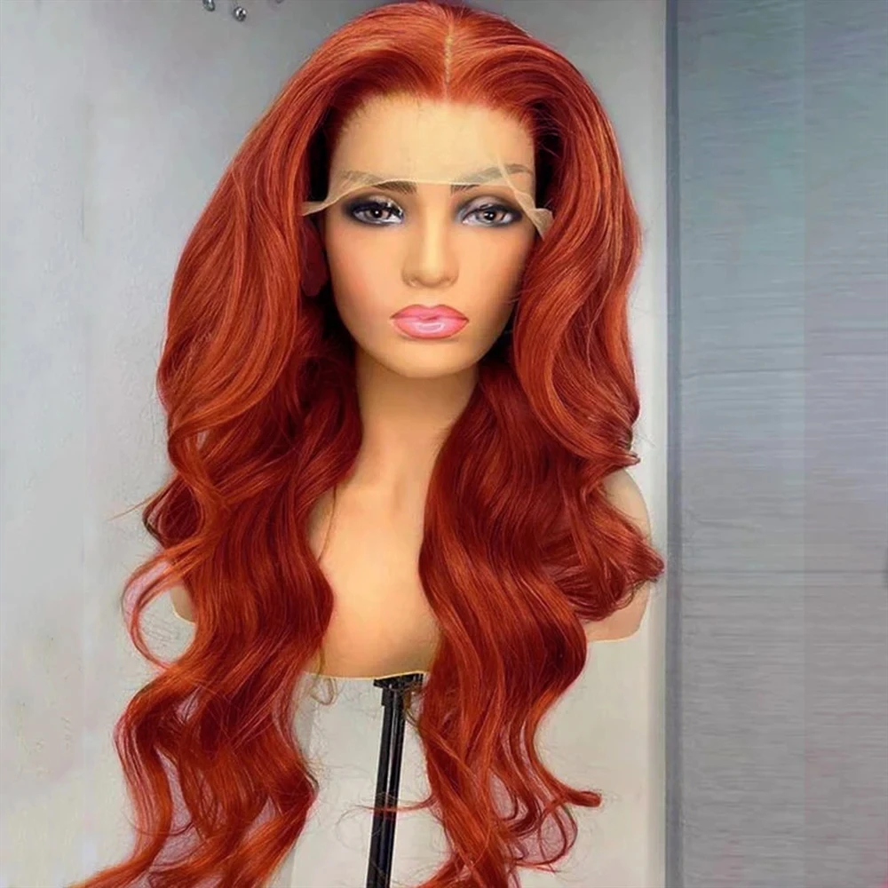 MXWIGS Body Wave imbirowa miedziana czerwona syntetyczna koronka peruki z wolna część naturalną linią włosów długie faliste peruki do codziennego