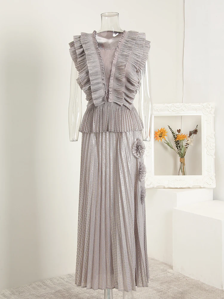 Miyake Celebrity Elegant Double-Layer Lotus Leaf Edge V-Neck Sleeveless Waist Top + High Waist Skinny Split Split Skirt Set