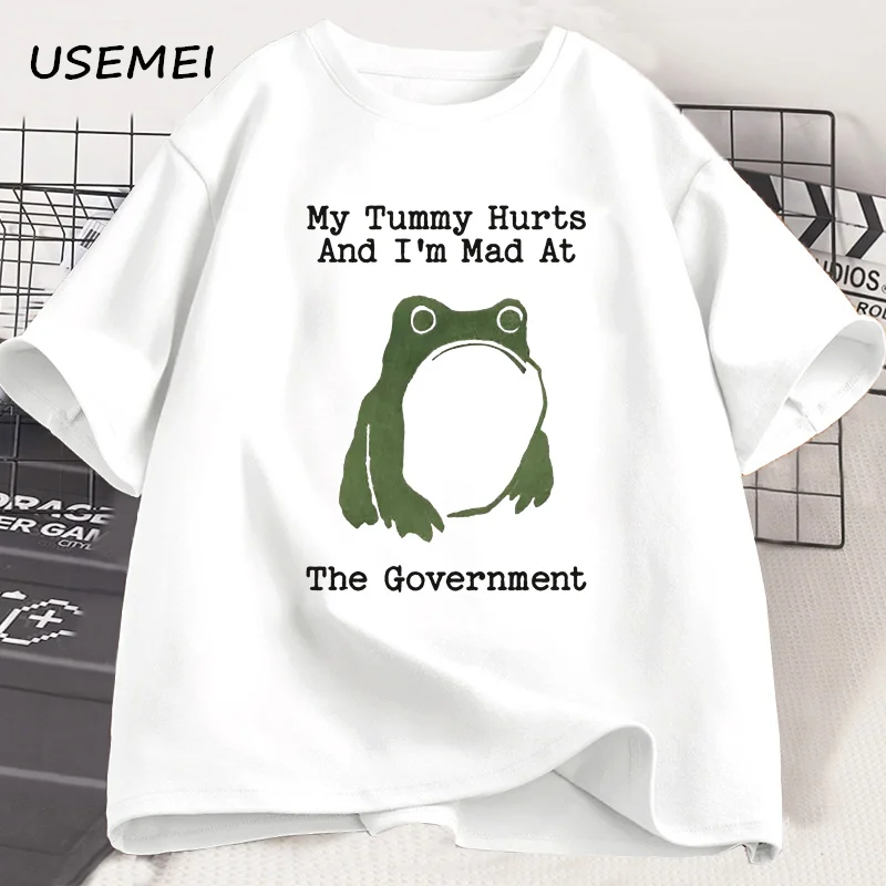 Funny Frog Meme T-Shirts My Tummy Hurts Vintage Casual Cotton Short Sleeve Tshirt Oversize Women Men O Neck Printed T Shirt