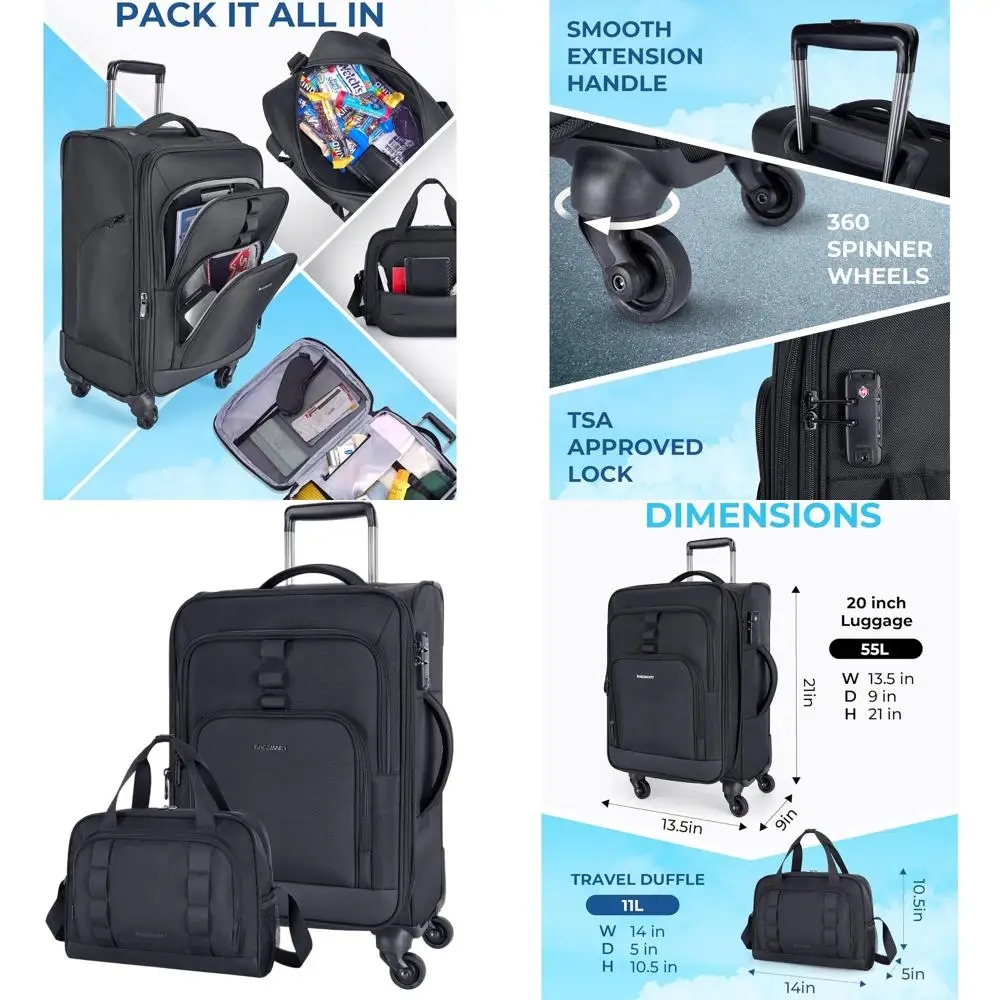 

Расширяемый 20-прикладной чемодан для ручной клади, одобренный авиакомпанией, с вращающимися колесами, легкий семейный дорожный набор, включая спортивную сумку — черный