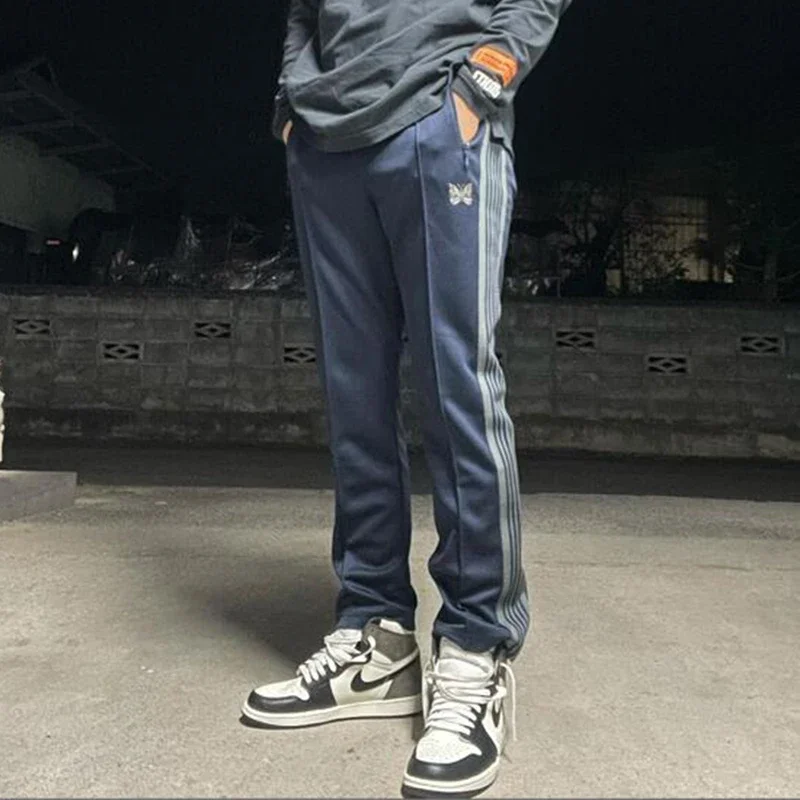 Arrival Cotton Oversize Sweatpants Butterfly Embroidery Pants Track Stripe Webbing Dark Blue Men Women Zipper Trousers