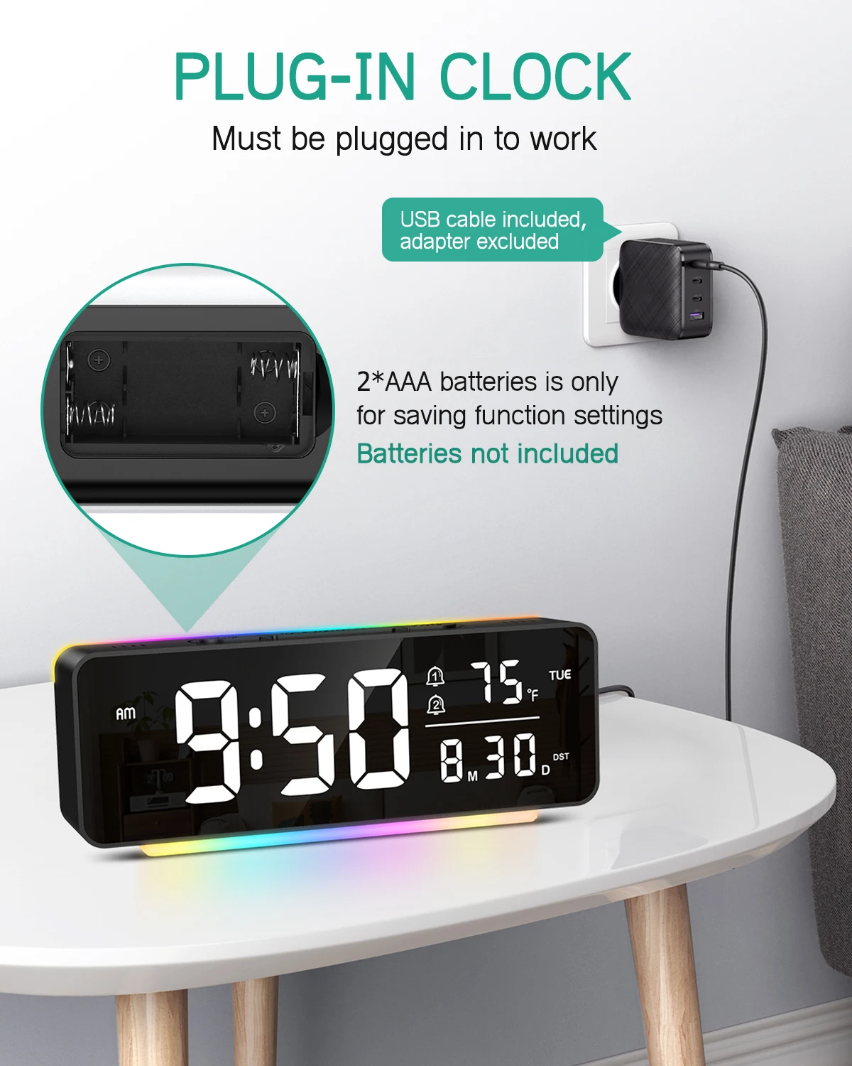 Reloj despertador LED con luz ambiental multicolor y temperatura - imagen 3