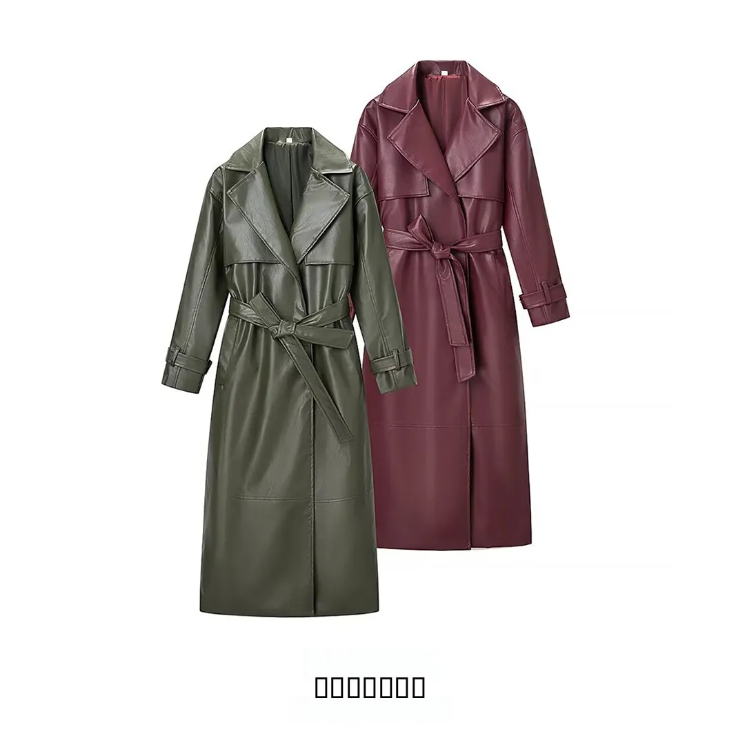 KASLEAD Nowa Damska Modna Długa Prosta Kurtka Skórzana do Noszenia na Co Dzień, Luźny Krój, Zimowa, z Włókna Poliestrowego