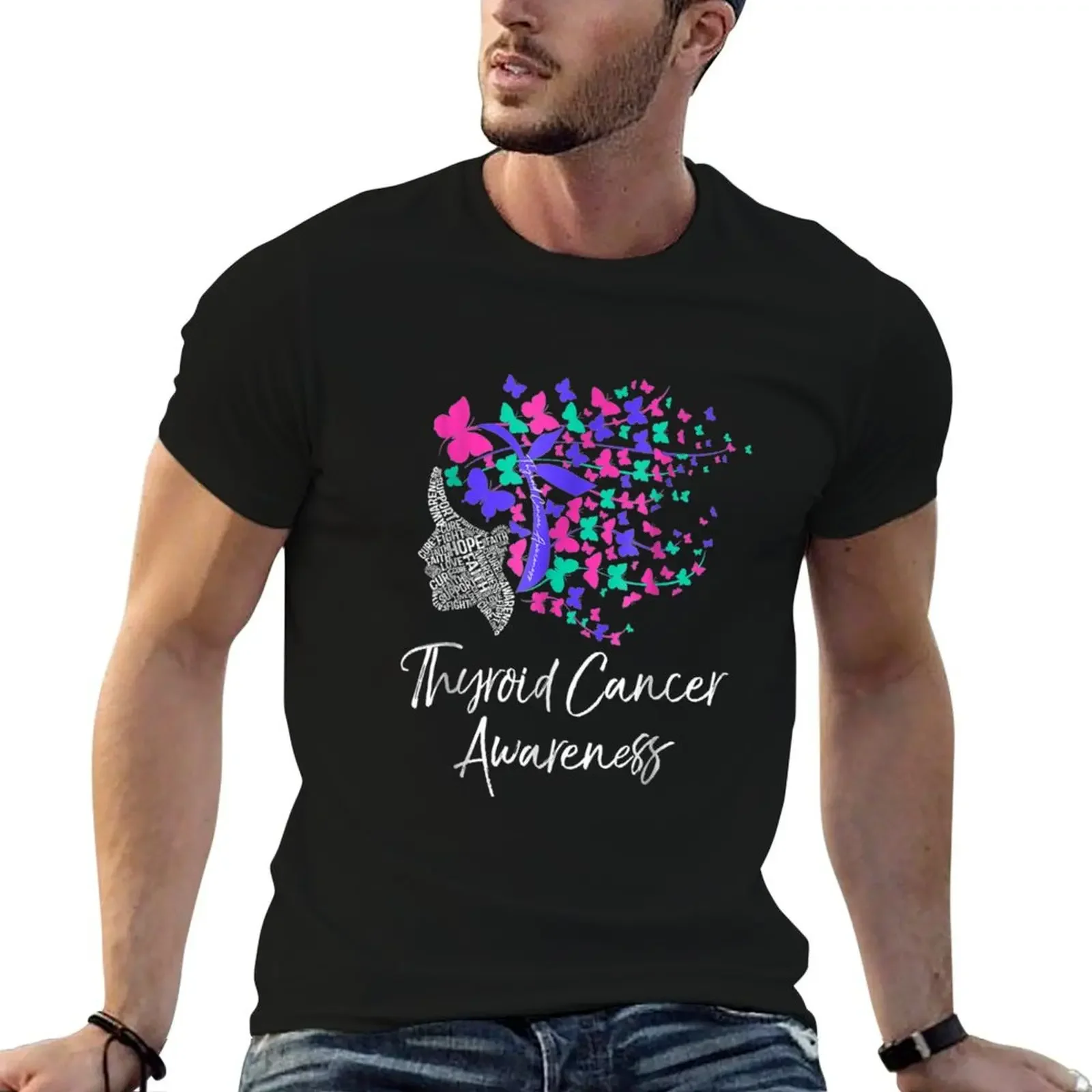 Lady With Butterfly Hair Thyroid Cancer Awareness T-Shirt quick-drying shirts graphic tees mens t shirts