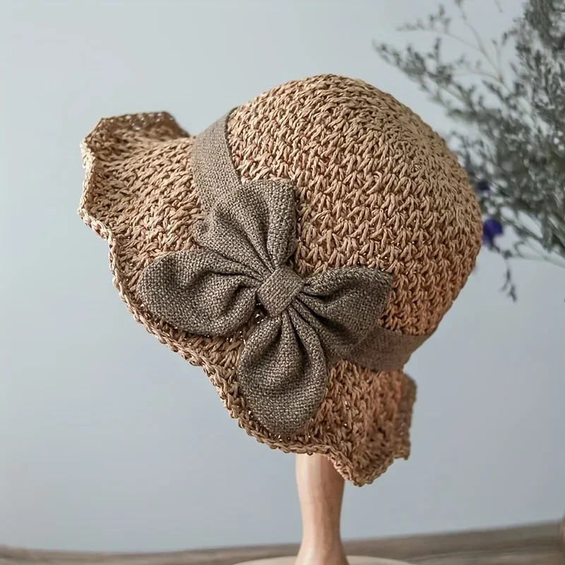 

1pcs Elegant Sun Hat - Hand Woven with Vintage Ruffles and Bow, Foldable Travel Beach Hat