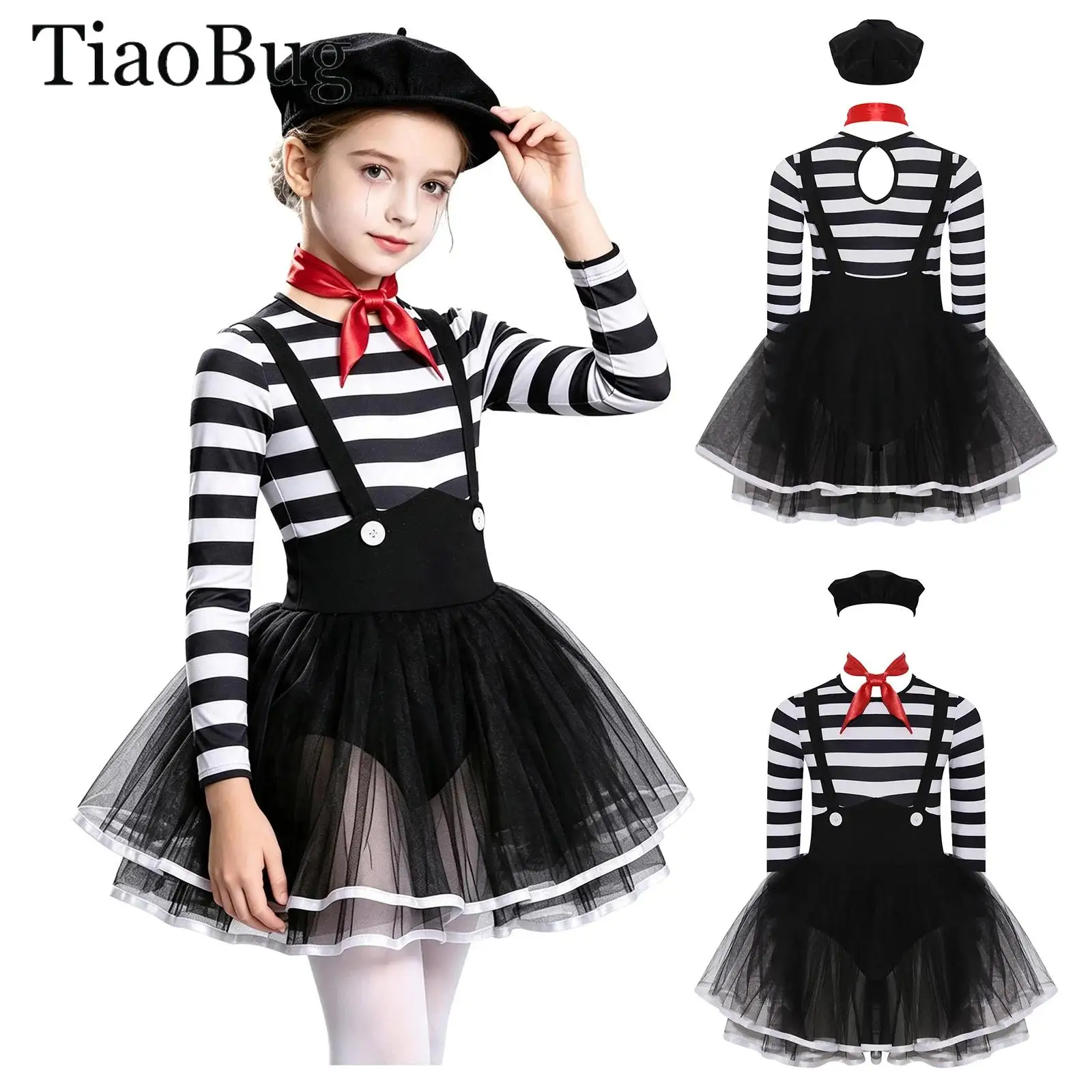 Halloween Circus Clown Cosplay Costumes Girls Striped Ballet Leotard Dress Long Sleeve Layered Ruffled Tutu Skirt Hats Scarf Set