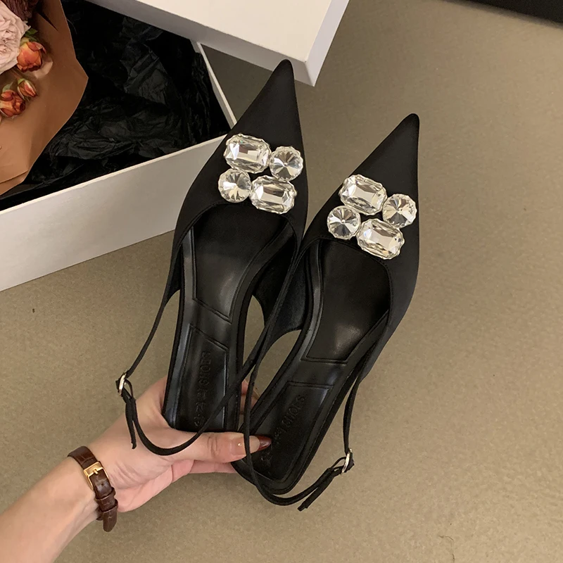 

ZOOKERLIN Spring Autumn Fashion New Sexy Banquet Comfortable Crystal Solid Color Pointed Toe Women's Slippers Sandals Low Heels