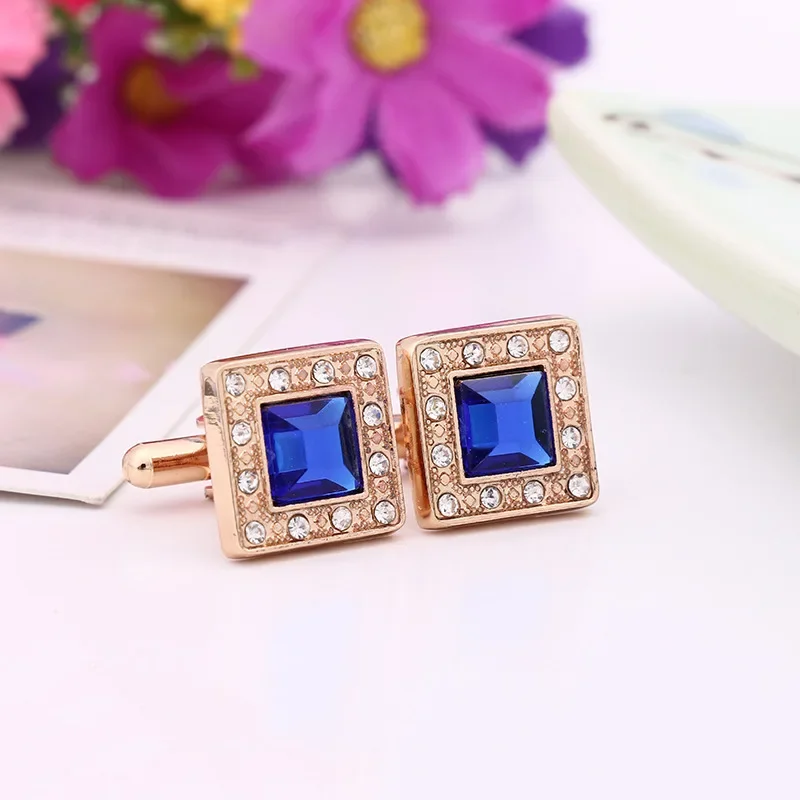 Square Blue Crystal Cufflinks Fashion Accessory French Style Clothes Decoratoion Accessories for Women Men